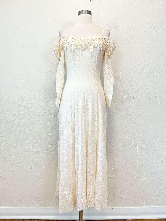 Vintage Dresses & Skirts - Vintage Dress Cream Lace Off Shoulder Cottagecore Boho Wedding 70s 90s XS/S